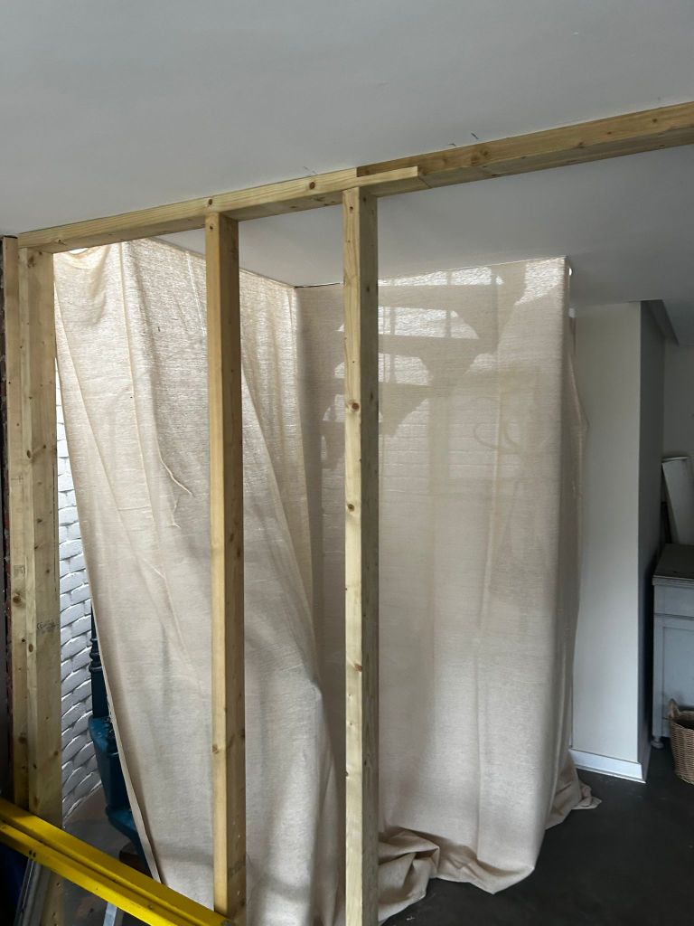 Timber stud partition wall framing during an interior renovation