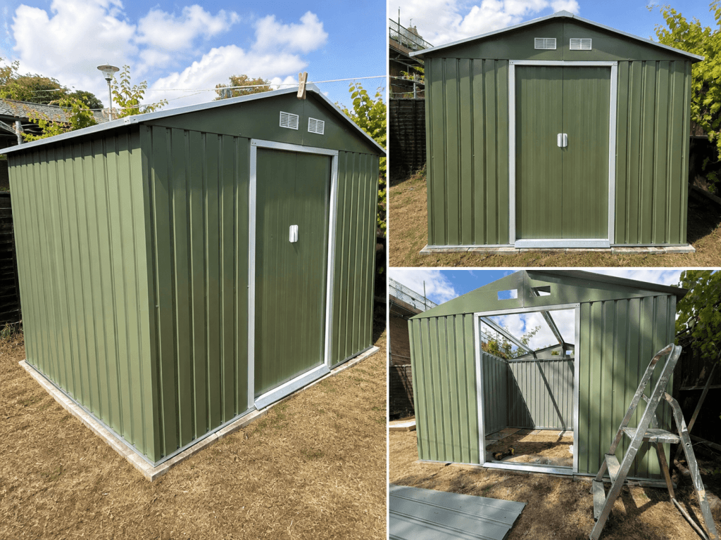 	Green metal garden shed assembled and installed in a back garden