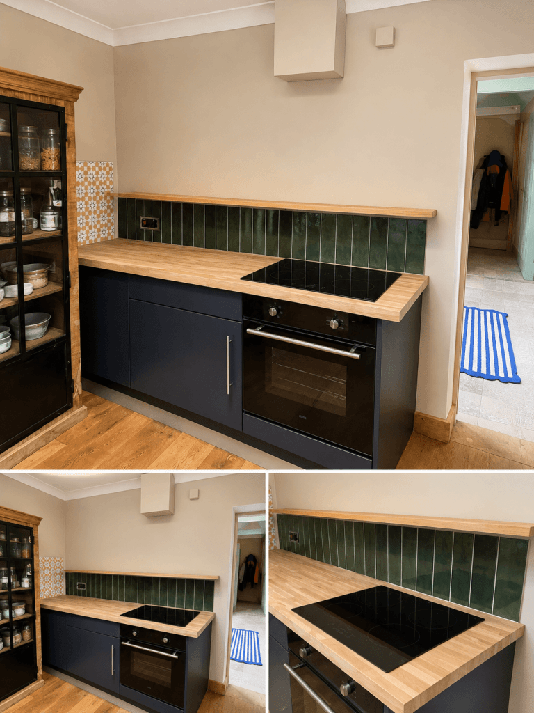 Fitted kitchen with dark green cabinets, integrated oven and wood flooring