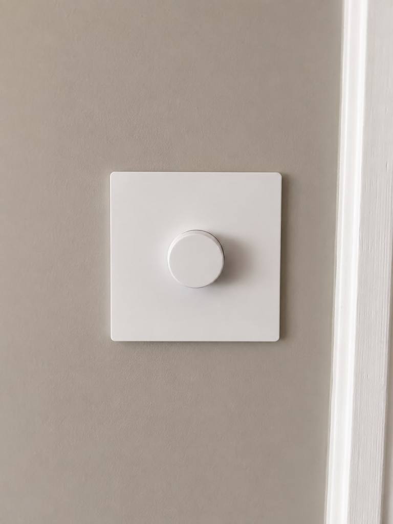 Newly fitted white dimmer light switch installed by a handyman