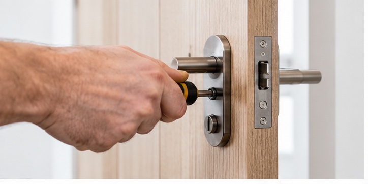 Handyman repairing a door handle in a Cambridge home