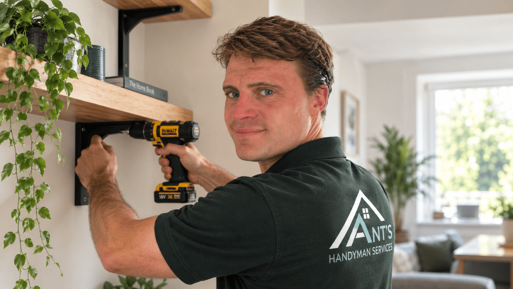 Ant fitting a floating shelf on a bracket in a Cambridge home